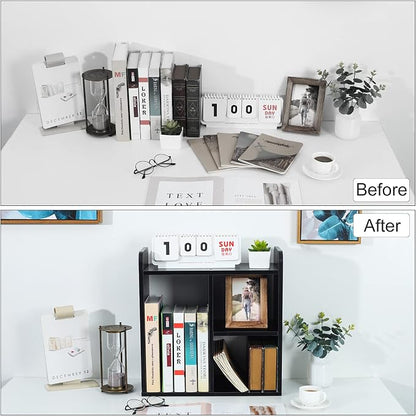 PAG Desktop Shelf Freestanding Wood Small Bookshelf Desk Supplies Organizers and Accessories Storage Display Rack Office Decor for Women, Black