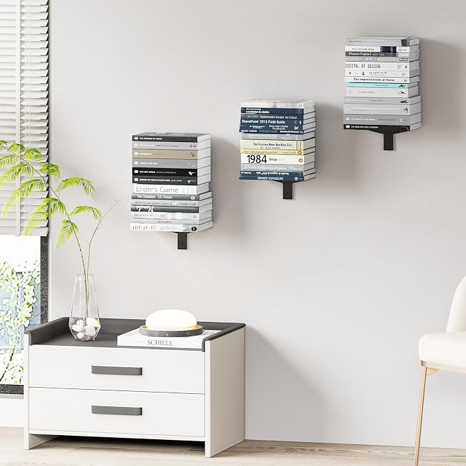 Floating Book Shelves for Wall, 6 Tier Invisible Floating Bookshelf, Vertical Spine Book Tower, Wall Mounted & Space Saving, Heavy Duty Metal Book Organizer for Home Office, 3 Pack Black