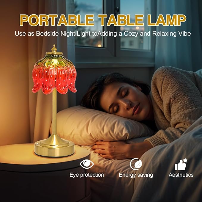 Cordless Lotus Flower Table Lamp, 5200mAh Rechargeable Battery Operated Portable Lamp, 3-Color Dimmable Touch Control Small Desk Lamp for Bedroom, Office, Kitchen, Nightstand,Room Decor (Strawberry)