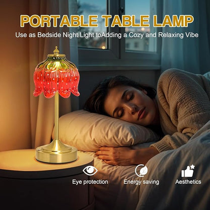 Cordless Lotus Flower Table Lamp, 5200mAh Rechargeable Battery Operated Portable Lamp, 3-Color Dimmable Touch Control Small Desk Lamp for Bedroom, Office, Kitchen, Nightstand,Room Decor (Strawberry)
