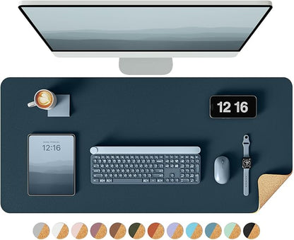 YSAGi Double-Sided Desk Pad, 31.5"x15.7"Leather Desk Mat, Eco Cork Desk Pad Protector,Large Mouse Pad,Waterproof Desk Blotter for Office/Home(Dark Blue)