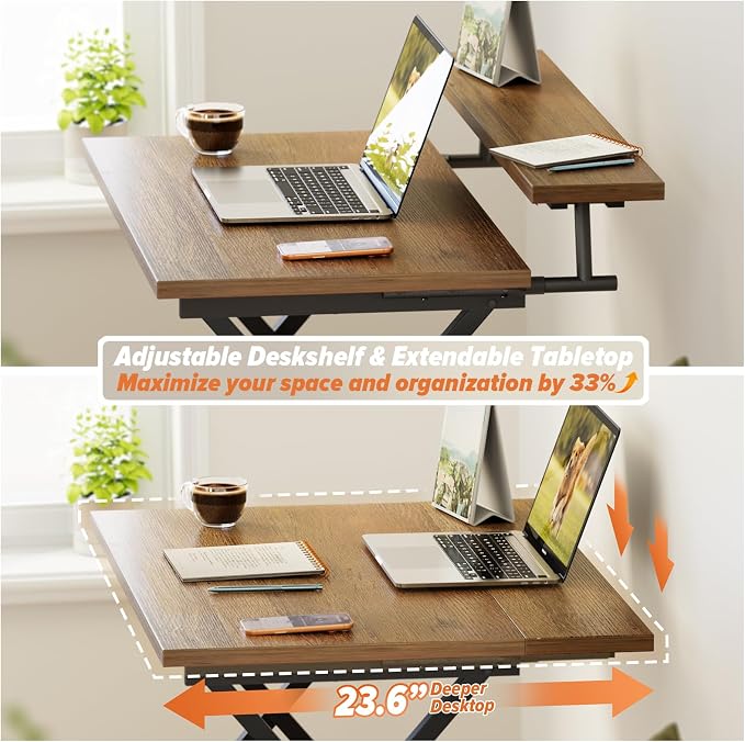WOHOMO Folding Computer Desk with Adjustable Height, 23.6" x 31.5" x 25.6" Foldable Table with Monitor Stand, Small Office Desk for Bedroom, Space Saving Desk for Home Office, Easy Assemble, Walnut
