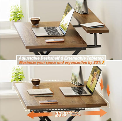 WOHOMO Folding Computer Desk with Adjustable Height, 23.6" x 31.5" x 25.6" Foldable Table with Monitor Stand, Small Office Desk for Bedroom, Space Saving Desk for Home Office, Easy Assemble, Walnut