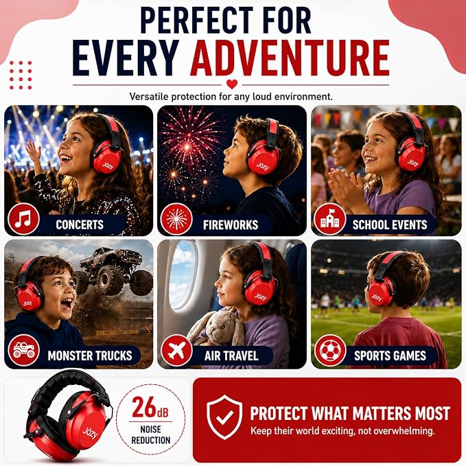 Jozy Noise Canceling Headphones for Kids, SNR 26dB Ear Protection for Autism, Sound Proof Sensory Muffs for Hearing, Concerts