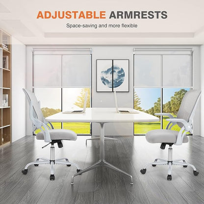 Sweetcrispy Office Computer Desk Chair, Ergonomic Mid-Back Mesh Rolling Work Swivel Task Chairs with Wheels, Comfortable Lumbar Support, Comfy Flip-up Arms for Home, Bedroom, Study, Student, Gray