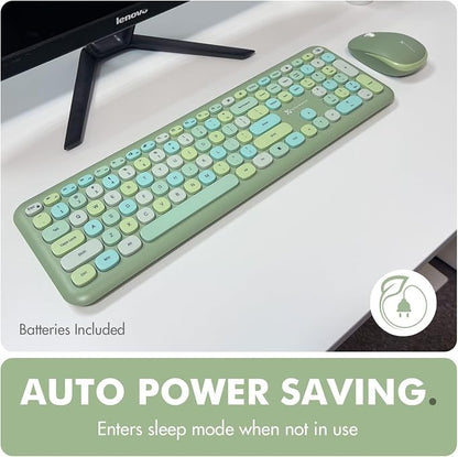 X9 Green Wireless Keyboard and Mouse Combo – 2.4G and Bluetooth Connectivity, Retro Typewriter-Style Wireless Keyboard and Mouse Set, Colorful Bubble Keyboard for Aesthetic Workspaces