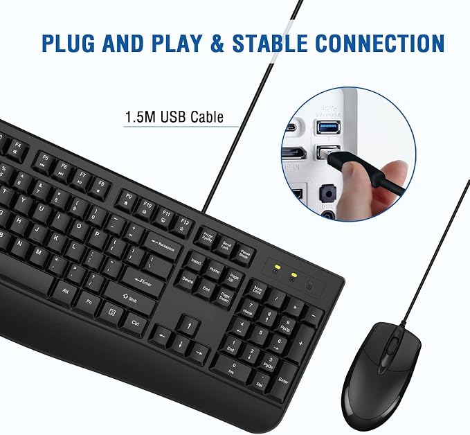 Wired Keyboard and Mouse Combo, EDJO Full-Sized Ergonomic Computer Keyboard with Palm Rest and Optical Wired Mouse for Windows, Mac OS Desktop/Laptop/PC (2 Pack)