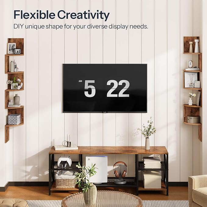 HOOBRO Corner Shelf Wall-Mounted, Set of 2 Floating Corner Shelves for Wall, 5-Tier Corner Bookshelves for Living Room, Bedroom, Bathroom, Home Office, Rustic Brown BF26BJP201