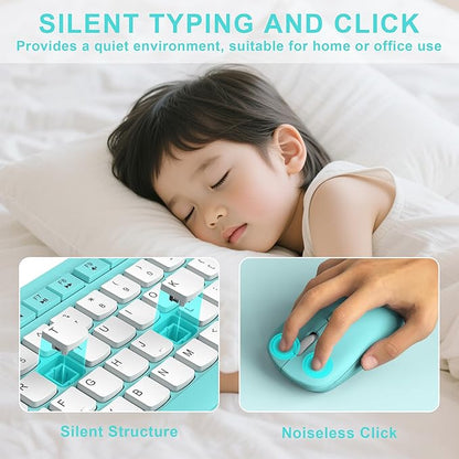 Wireless Keyboard and Mouse Combo, Full-Sized Quiet Wireless Keyboard and Adjustable DPI Mouse, 2.4GHz USB Receiver, Keyboard and Mouse for PC, Windows, Desktop, Laptop (Tiffany Blue and White-B)