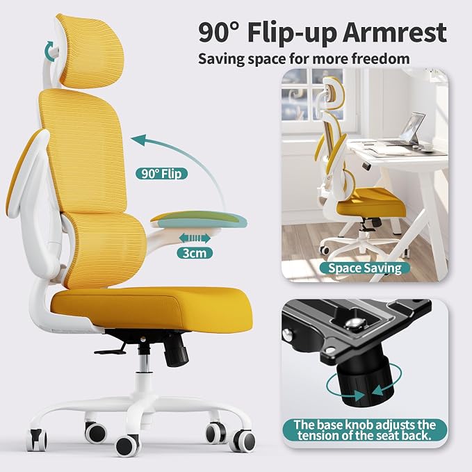 TRALT Office Chair Ergonomic Desk Chair, 330 LBS Home Mesh Office Desk Chairs with Wheels, Comfortable Gaming Chairs (Yellow)