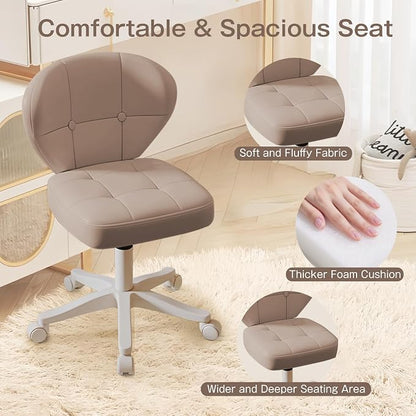 Vanity Chair with Back – Small Armless Office Chair with Wheels, Lumbar Support, PU Leather, Adjustable Height, 360° Swivel for Home, Bedroom, Office (Khaki Set of 1)