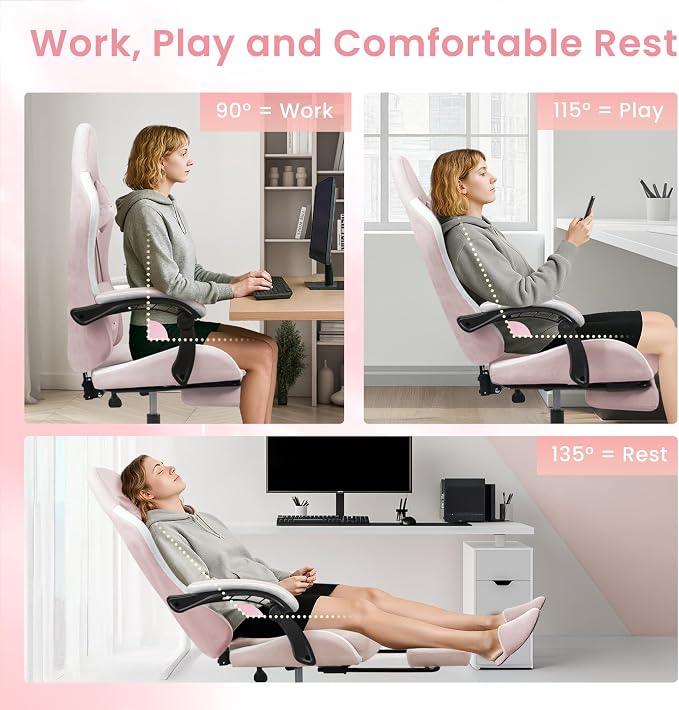 N-GEN GAMING Gaming Chair Video Game Computer Office Desk Use Ergonomic Reclining Backrest Adjustable Armrests Lumbar Support Footrest High Density Foam Breathable Fabric Heavy Duty Base (Pink)