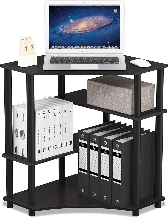 Furinno TURN-N-TUBE Desk, Gaming Desk with Shelves, Corner Computer Desk with Shelves, Office Desk, Space Saving, For Home Office, Bedroom, Espresso