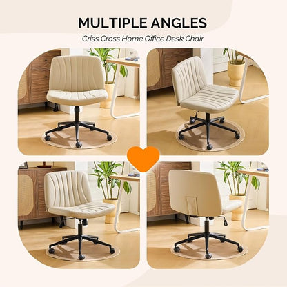 VINGLI Criss Cross Legged Chair,Wide Comfy Office Desk Chair,Dual-Use with/no Wheels Computer Task Chair,Swivel Armless Vanity Rolling Chair for Study,Make Up,Home Office,Cat Scratch PU Leather,Khaki