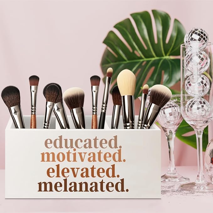Black Girl Magic Gifts Wooden Pen Pencil Holder for Desk Accessories, African American Gifts for Black Women, Educated Motivated Elevated Melanated Makeup Brush Toothbrush Holder Organizer