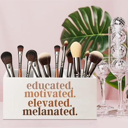 Black Girl Magic Gifts Wooden Pen Pencil Holder for Desk Accessories, African American Gifts for Black Women, Educated Motivated Elevated Melanated Makeup Brush Toothbrush Holder Organizer