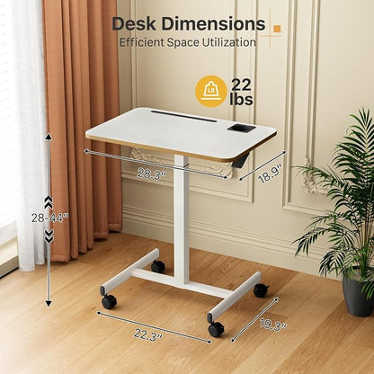 Mobile Standing Desk, Rolling Laptop Cart Adjustable Height with Cup Holder, 28 inch Portable Table with 4 Lockable Wheels, White Computer Workstation with Hook and Slots for Home Office
