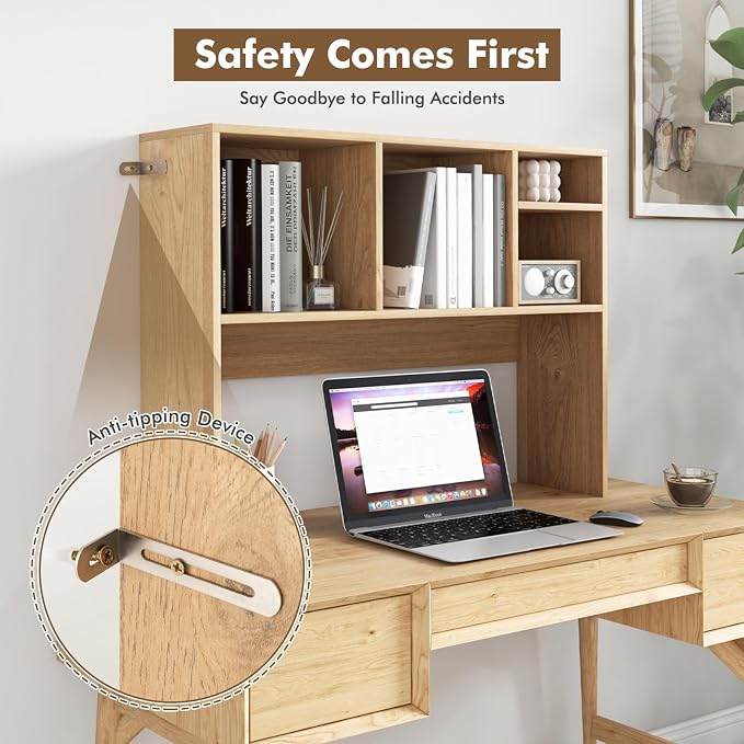 LDAILY Desktop Bookshelf, 2-Tier Office Desk Shelf Organizer Desk Hutch with 4 Shelves, 37’’L Wood Storage Rack Display Shelf for Computer Desk, Office, College Dorm, Bedroom (Natural)