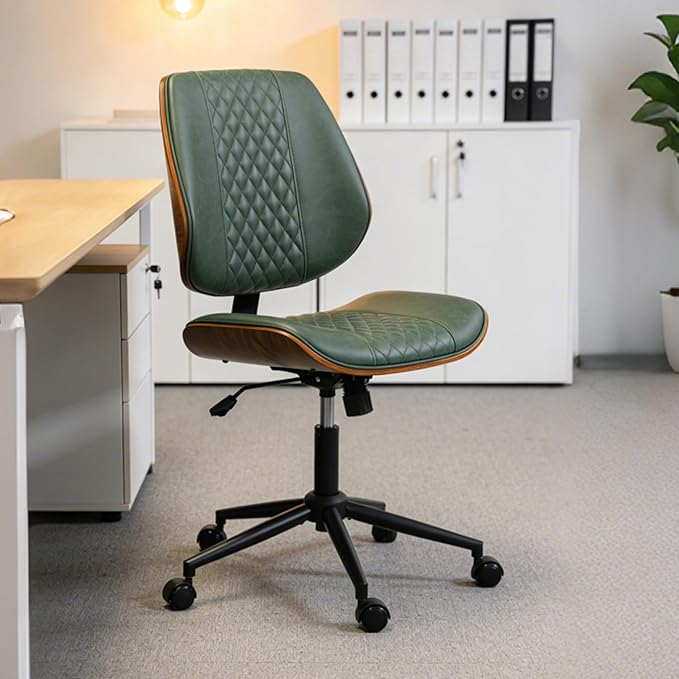 DYHOME Modern Walnut Home Office Chair with Wheels, Executive Office Desk Chair No Arms, Adjustable Height Small Desk Chair, Comfy PU, Deeper Cushion, Mid Back 360 Swivel Computer Chair, Green