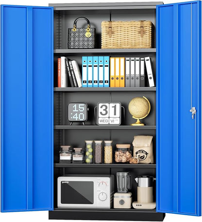 INTERGREAT Metal Storage Cabinet with Lock, 72" H Garage Cabinets with Doors and Adjustable Shelves, Lockable Metal Cabinets for Garage, Home, Office(Black-Blue)