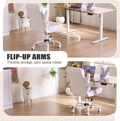 Fabric Executive Office Chair - Ergonomic Computer Chair with Flip-up Arms Comfy Cloth Home Desk Chairs Mid Back Support Adjustable Height Tilt Lock Swivel Rolling Wheels, White