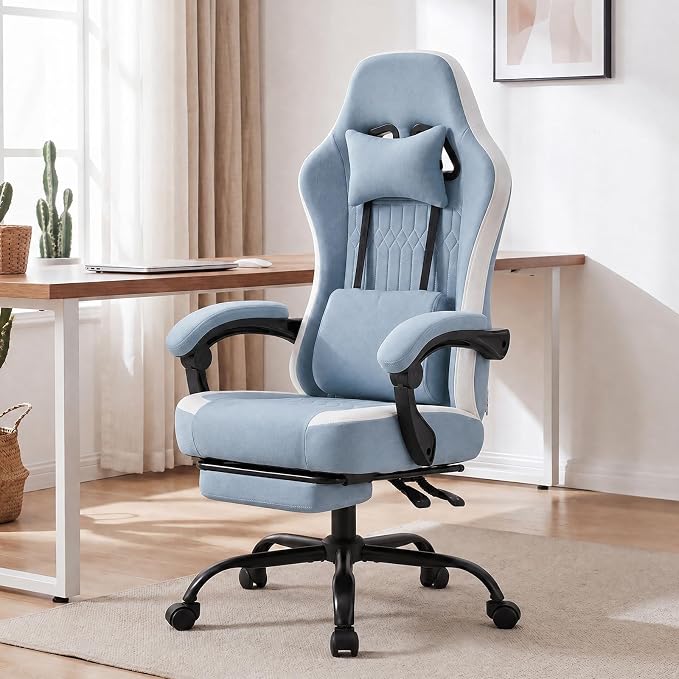 Computer Gaming Chair - High Back Ergonomic Desk Chair with Footrest and Lumbar Support, Height Adjustable Task Chair with Linkage Armrests and Headrest, 360° Swivel Wheels, Blue