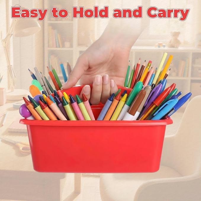 Kathfly 4 Pack Classroom Caddy Organizer with Handle, Plastic Art Craft Cleaning Caddy Bulk, Small Multipurpose Supply Organization Storage Basket for Table Desk Office Pencil Teacher (Blue Red)