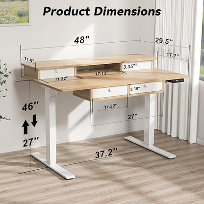 FiCiHi Adjustable Height Standing Desk with 4 Drawers,48 x 30 inches Electric Sit Stand Home Office Desk with Two Tiers, 3 Memory Presets, Monitor Stand Riser, USB A/C Charging Port