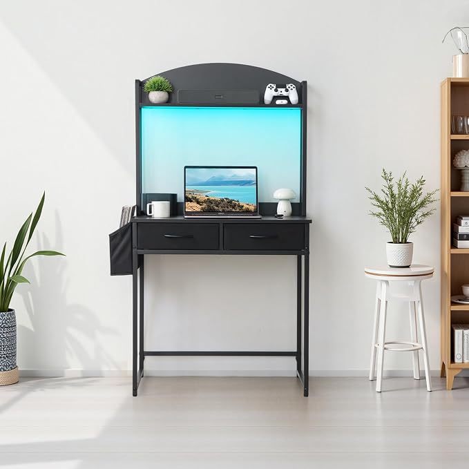 KATHY&BOB Small Home Office Study Desk - Freestanding Ladder Design with Fabric Drawers & Side Bag - Modern Vanity Makeup Desk - 2 Tier Shelf & Computer Gaming Station (Black, Arched)