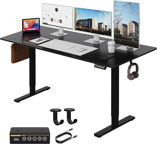 Large Electric Standing Desk,55x28 Inches Adjustable Height Stand up Desk, Sit Stand Home Office Desk, 3 Preset Heights,Equipped with Hooks,Ergonomic Computer Desk Workstation，Black