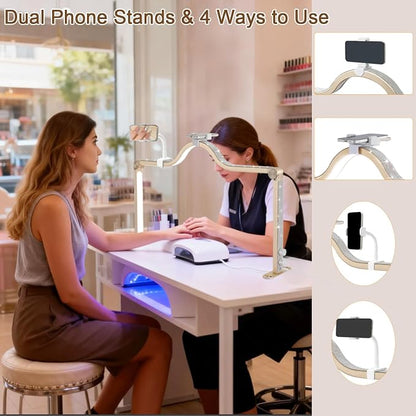 Upgraded Nail Tech Lamp with Dual Phone Holder, 34 in Foldable Large Nail Light for Desk, 3 Modes 3000K-6000K LED Manicure Lamp, Half Moon Light for Lash Eyelash Extension, Tattoo, Eyebrows