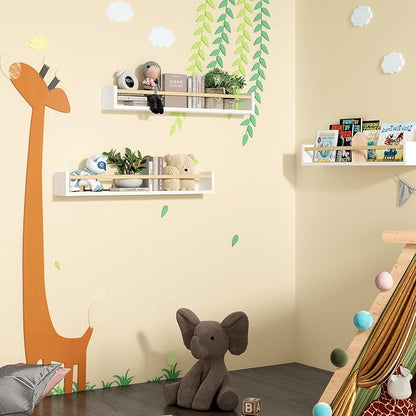 Fixwal Nursery Book Shelves, 23.6 Inch Floating Bookshelves for Wall Set of 3, Baby Nursery Decor, Solid Wood Wall Mounted Shelves for Books, Toys and Decor Storage (White and Natural Wood)