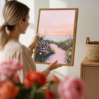 Framed Vintage Landscape Wall Art, Pink Floral Coastal Pictures Wall Decor, Rustic Wildflower Nature Paintings Canvas Prints Home Decor Aesthetic for Living Room Bedroom Bathroom 16x24 inch
