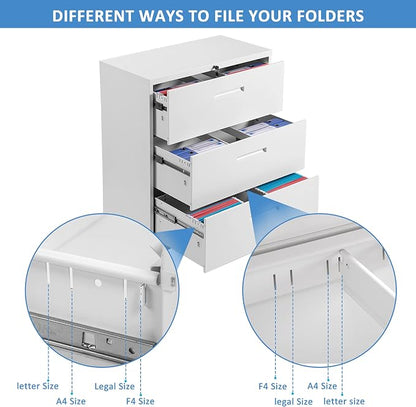 Lateral File Cabinet, 3 Drawers Metal Lockable Filing Cabinet for Commercial Grade Office Legal and Letter File (White)