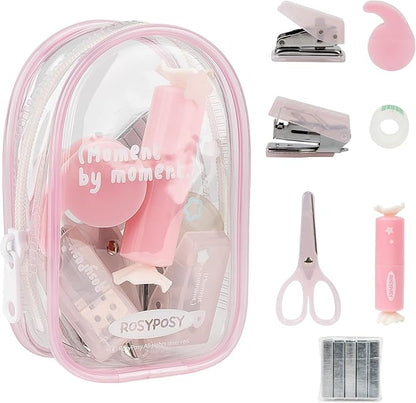 7-Pieces Clear Desk Organizer Set - with Stapler, Hole Punch, Tape Dispenser, Scissors & Highlighters, Transparent Office Supplies Kit for Home Office, School & Workspace