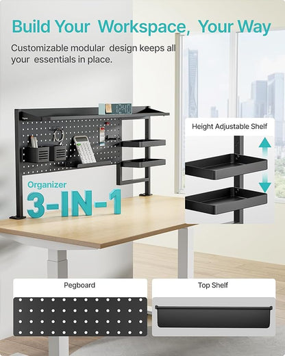 PEGZONE Clamp on Desk Shelf, 44" Desktop Shelving System, Black | with Pegboard and Accessories, Desktop Organizer with 2-Tier Shelf, Desk Pegboard for Office Home Gaming