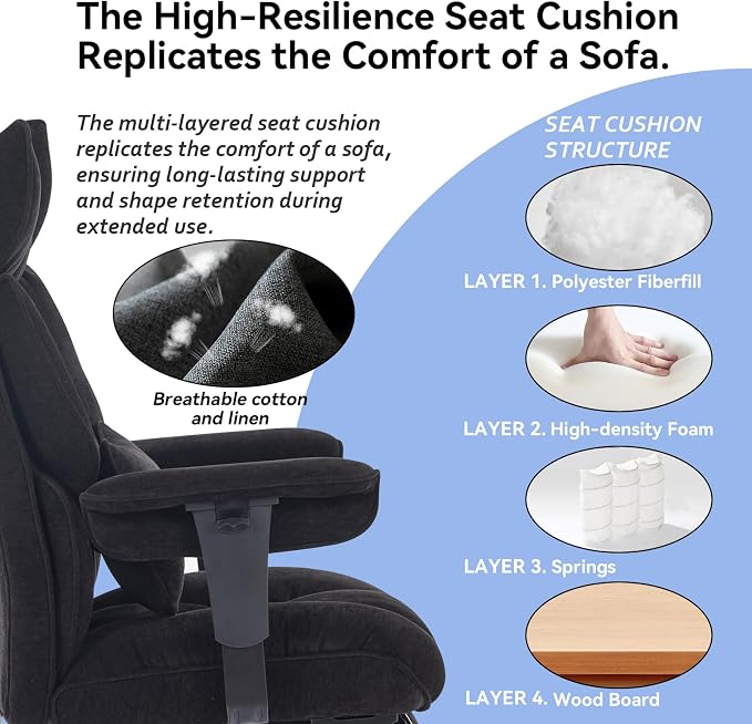 Efomao Executive Office Chair 400lbs, Black Fabric Big and Tall Desk Chair | Breathable fabric, pocket spring & foam seat, retractable footrest, 135° recline for computer gaming setup