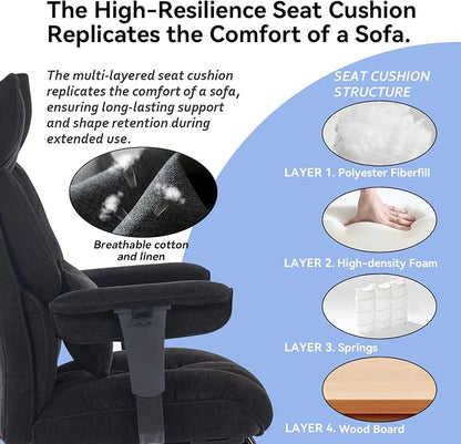 Efomao Executive Office Chair 400lbs, Black Fabric Big and Tall Desk Chair | Breathable fabric, pocket spring & foam seat, retractable footrest, 135° recline for computer gaming setup