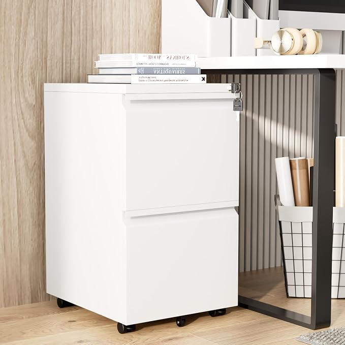 Greenvelly 2-Drawer Mobile File Cabinet with Lock, Metal Rolling Filing Cabinet on Wheels, Under Desk File Cabinet for Home Office, Fits Letter/Legal/A4 File (Assembly Required, White)