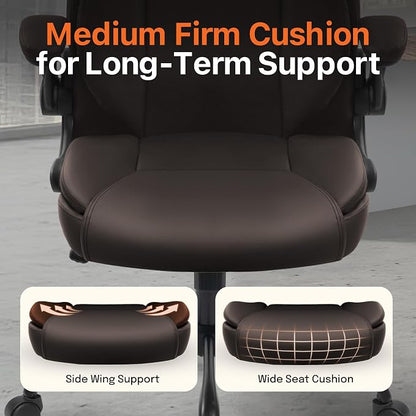 NEO CHAIR Office Desk Gaming Computer Home Chair Ergonomic Executive High Back Support Flip-up Arms Adjustable Height Swivel Rolling Wheels Comfy PU Leather (Brown)