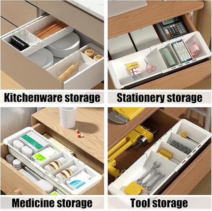 Sliding Drawer Tray with Adjustable Dividers, Expandable Kitchen Storage Organizer, Sliding Drawer Bin, Expandable Drawer Organizer, 2 PCS Drawer Organizer Trays For Utensils, Flatware, Junks