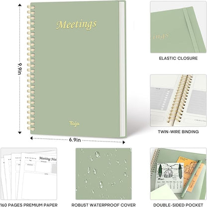 Meeting Notebook for Work Organization - Work Planner Notebook with Action Items, Agenda Planner for Note Taking, 160 Pages (6.9" X 9.9") Project Organizer for Men & Women - Green