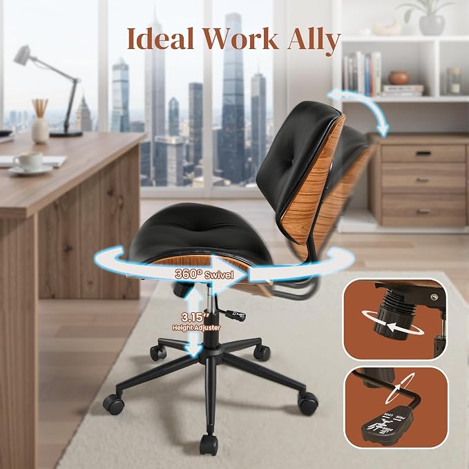 Home Office Desk Chair with Wheels, Adjustable Height Armless Desk Chairs, PU Leather Mid Back 360° Small Computer Chair for Study Meeting Makeup Room (Black)