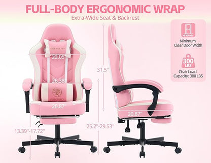 Office Desk Computer Gaming Chair for Adults, Ergonomic High Back Gamer Chair with Massage and Pocket Spring Cushion, Swivel Comfy Video Game Chairs with Footrest and Lumbar Support (Pink White)
