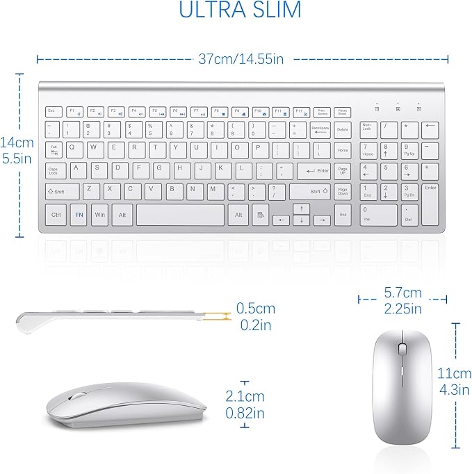 Wireless Keyboard and Mouse Ultra Slim Combo, TopMate 2.4G Silent Compact USB 2400DPI Mouse and Scissor Switch Keyboard Set with Cover, Batteries Included, for PC/Laptop/Windows/Mac - Silver White