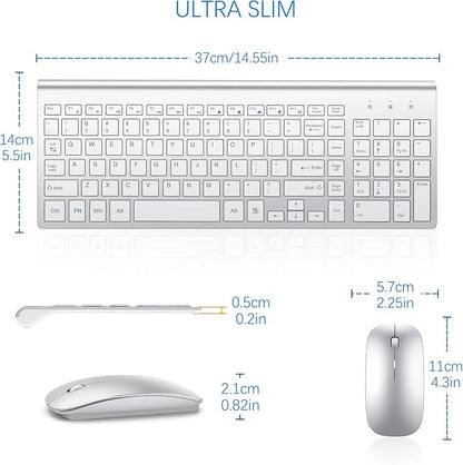 Wireless Keyboard and Mouse Ultra Slim Combo, TopMate 2.4G Silent Compact USB 2400DPI Mouse and Scissor Switch Keyboard Set with Cover, Batteries Included, for PC/Laptop/Windows/Mac - Silver White