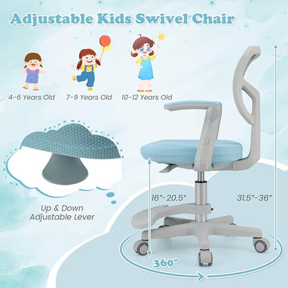 Giantex Kids Desk Chair, Ergonomic Adjustable Student Rolling Chair with Footrest & Flip-up Armrest, Mesh Children Office Chair with Universal Wheels, Kids Computer Chair for Boys & Girls, Blue