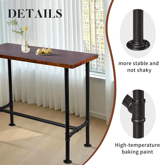 DIY Industrial Design Pipe Dining Table Casual Pub BAR Laptop Table Modern Studio Wood and Metal Rectangular Dining Table homeoffice Desk Breakfast high bar Table Brown Desktop 47.3" × 23.6"