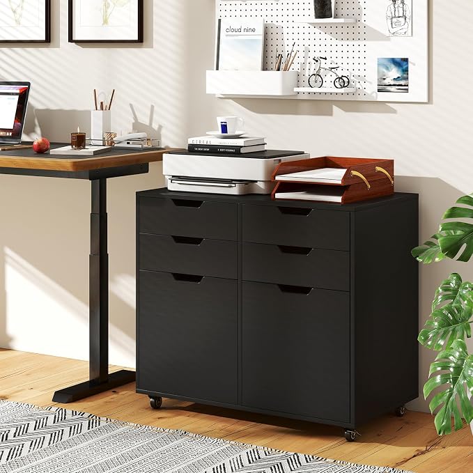 Giantex 4-Drawer File Cabinet, Rolling Printer Stand with 2 Lockable Wheels, Wooden Lateral Filing Cabinet, Load 298 Lbs, Under Desk Craft Storage Organizer for Home Office Organization (Black)