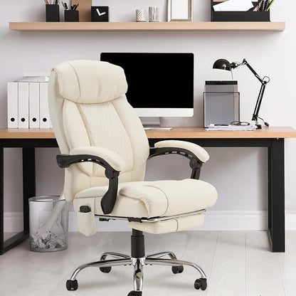 HOMREST 4-Point Massage Office Chair with Heating and Footrest, Reclining Executive Leather Desk Chair, Ergonomic Heated Managerial Chair for Home Office, Beige